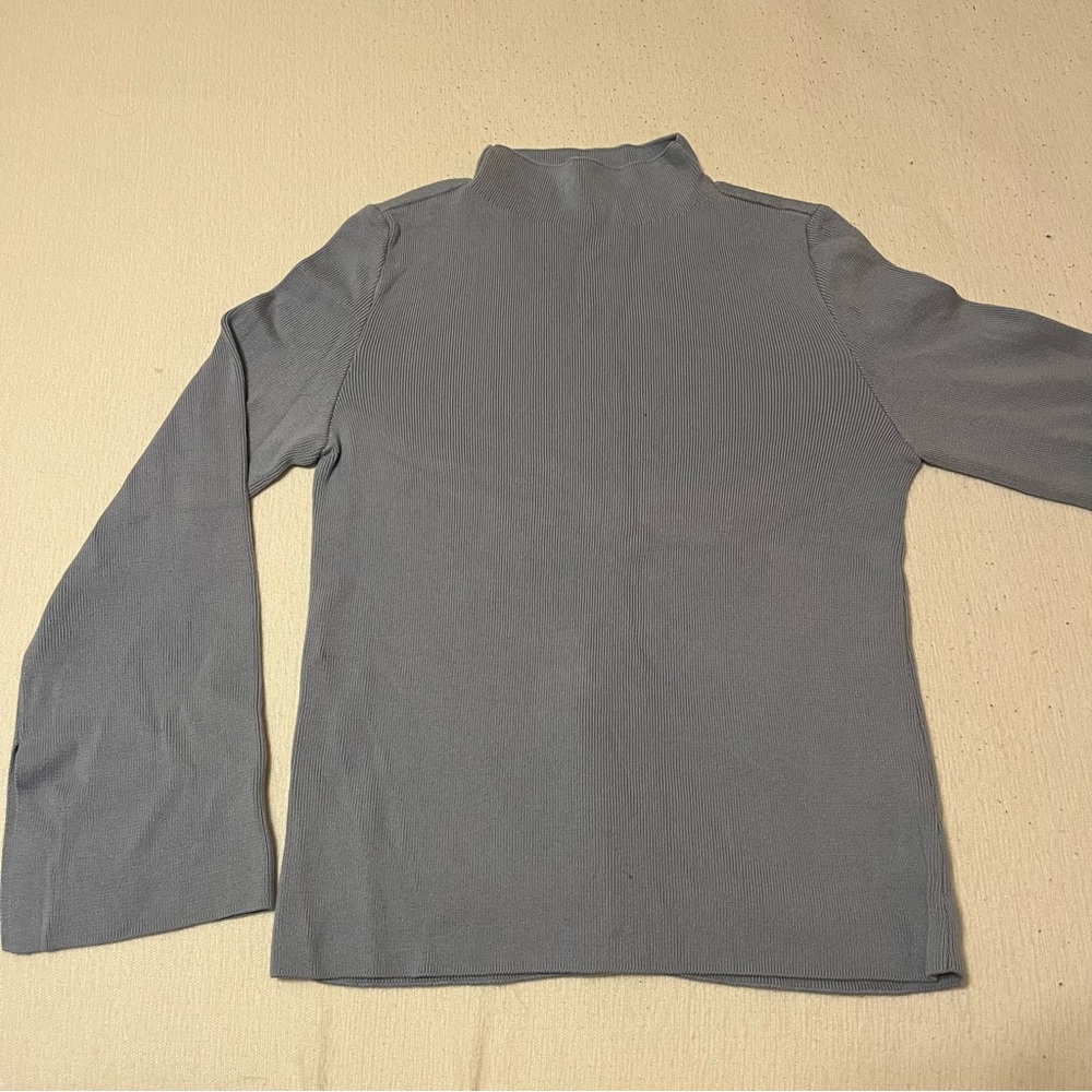 Halogen Light Dusty Blue Knit Mock Neck Sweater Top with Bell Flared Sleeves